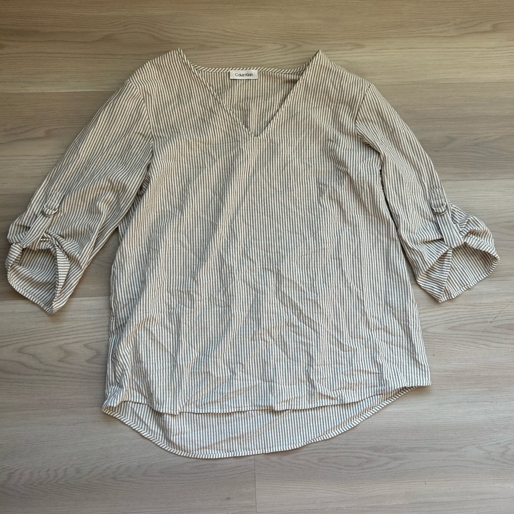 Calvin Klein Striped V-Neck 3/4 Sleeve Tunic Blouse